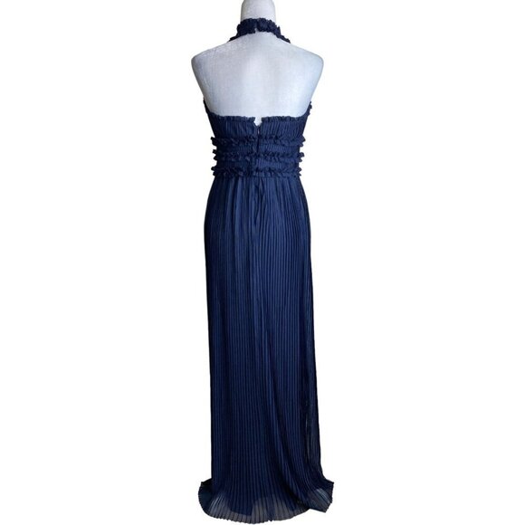 JS Collections Dark Blue Pleated Mesh Halter Maxi Gown Formal Prom Women's Sz 6 - Picture 9 of 13